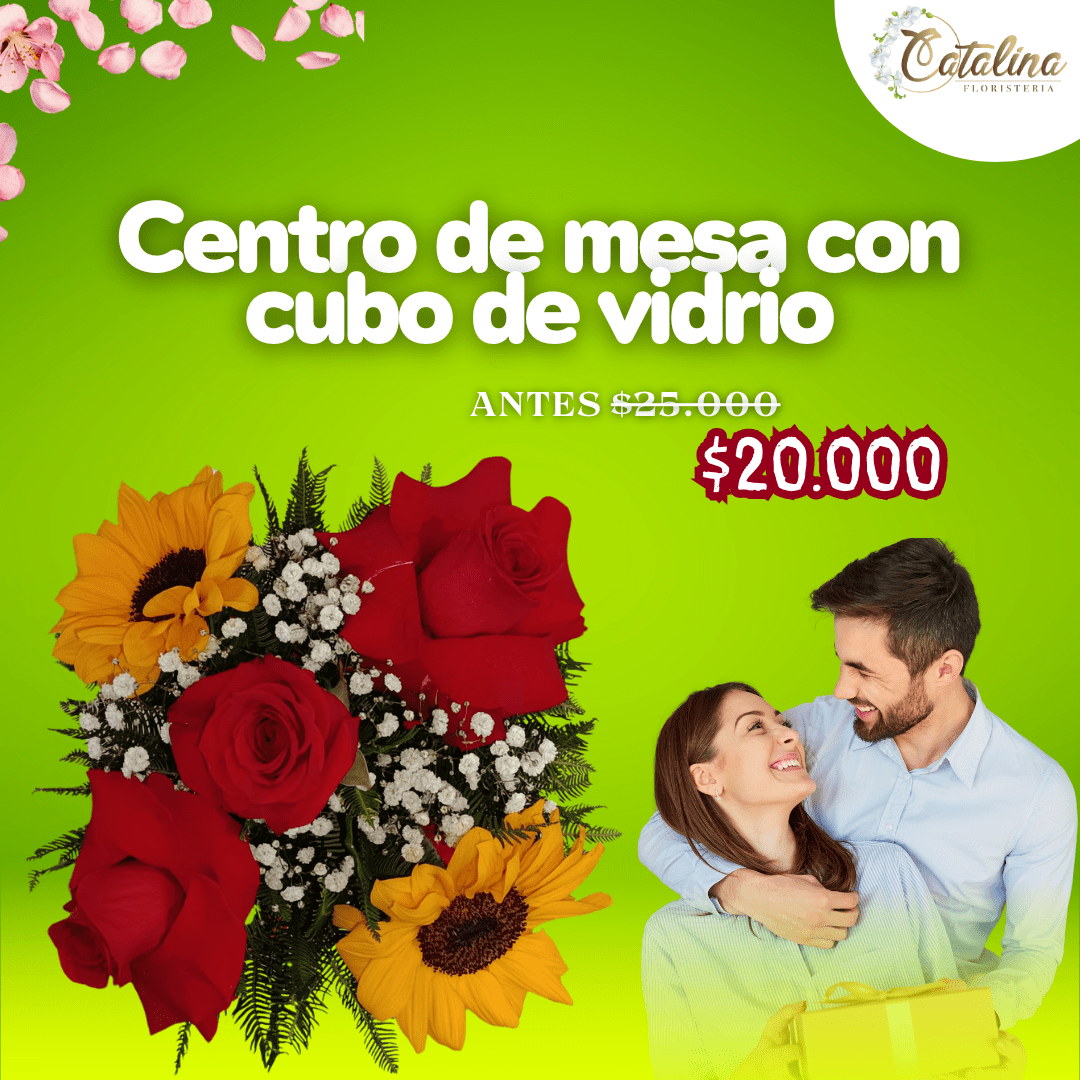 Centro de mesa con cubo de vidrio