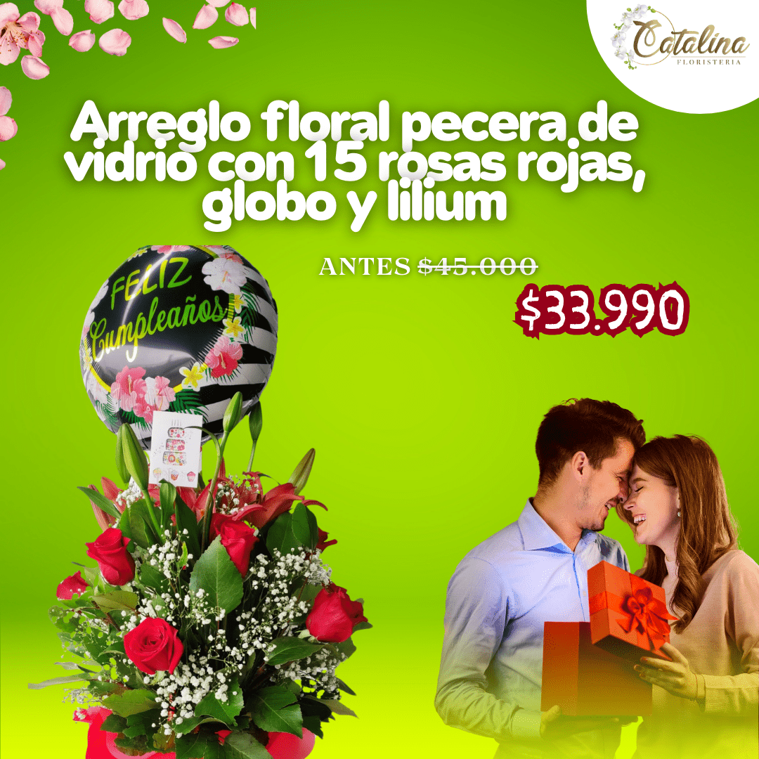 Arreglo floral pecera de vidrio con 15 rosas rojas, globos y lilium