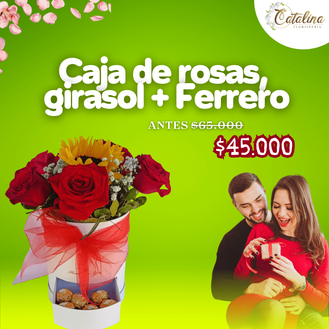 Caja de rosa, girasol + Ferero